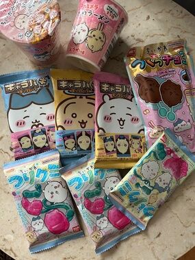 Collection of Chiikawa-themed Japanese snacks/toys